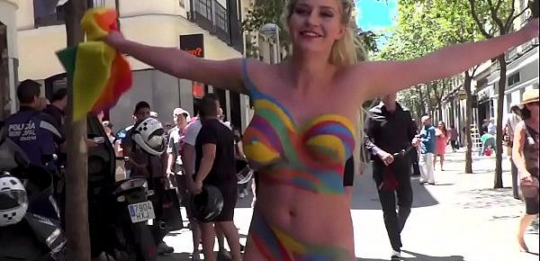 Busty body painted blonde fucked in public